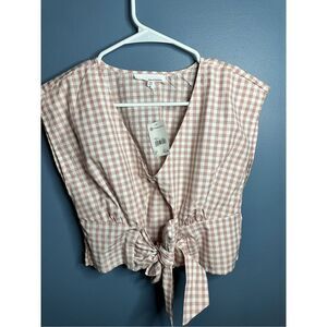 June & Hudson Gingham Tie Cropped Top Sleeveless Pink Smock Waist Size Small NEW